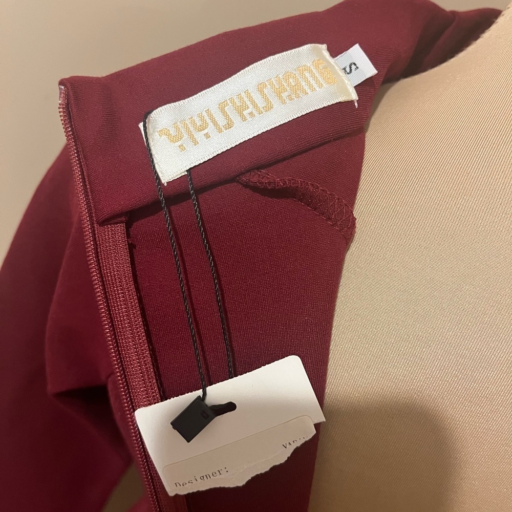 Maroon Bodycon High Draped Neck, Long Sleeve Modi Dress with Bow & Broach, small - Picture 5 of 7